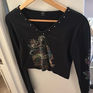 black long sleeve cropped top y2k with rhinestone